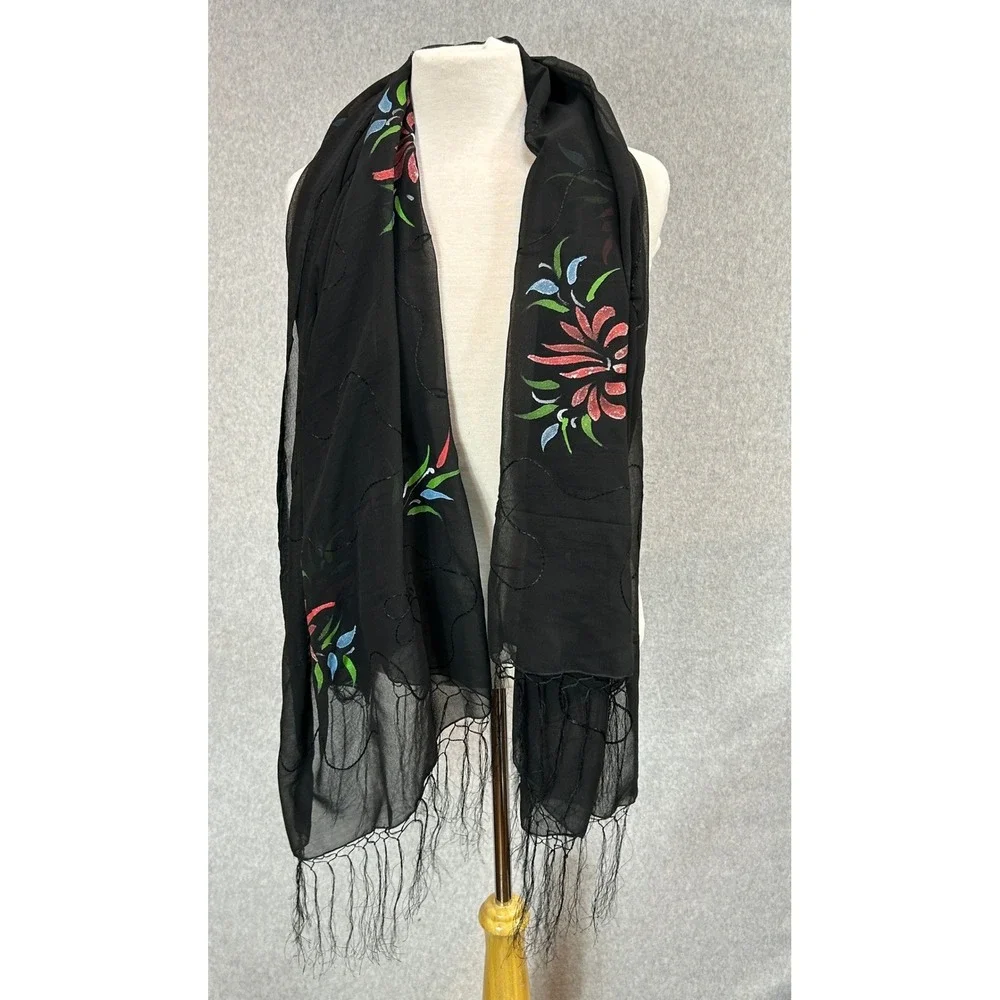 Black Hand Painted Unbranded Scarf Floral Sheer Chiffon Fringe Wrap 70